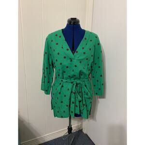 Zara Green Polka Dot Linen Belted Tunic Top XL 3/4 sleeve Work Coastal Resort